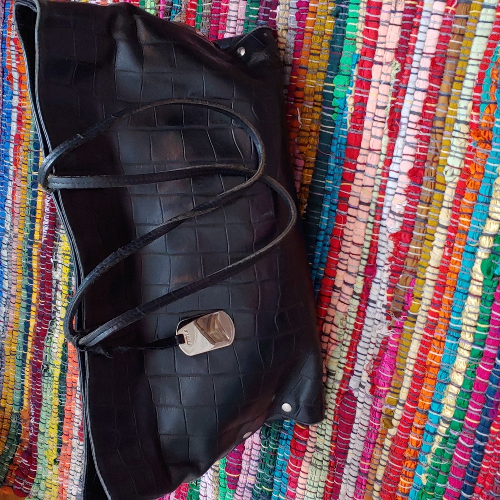 Furla black embossed tote genuine leather